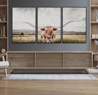80054319-MGV-CV-36X24-Texas Longhorn Wall Art Canvas Print, Framed Western Cow Art Picture Print, Rustic Farmhouse Perfect Farmhouse Decor Artwork