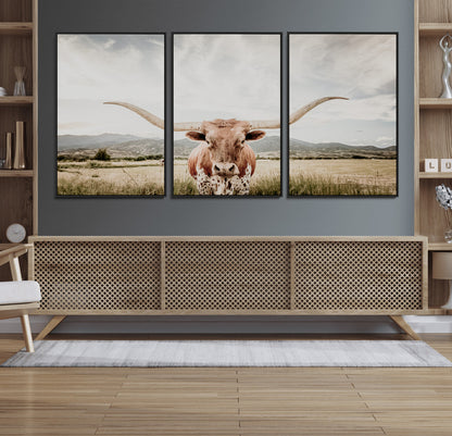 80054319-MGV-FC-60X30-3P_Black-Longhorn Wall Art – Rustic Western Canvas Print, Majestic Bull Artwork for Farmhouse, Ranch or Living Room