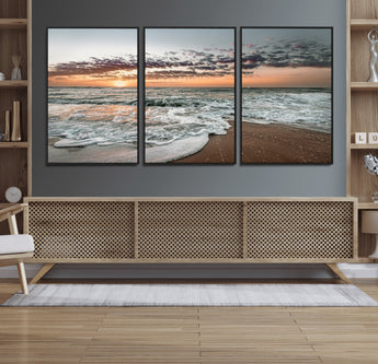 40632752-MGV-FC-60X30-3P_Black-Ocean Sunset Wall Art Canvas Print, Framed Beach Waves Art Picture Print, Coastal Scene Perfect Coastal Decor Artwork