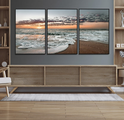 40632752-MGV-FC-60X30-3P_Black-Ocean Sunset Wall Art Canvas Print, Framed Beach Waves Art Picture Print, Coastal Scene Perfect Coastal Decor Artwork