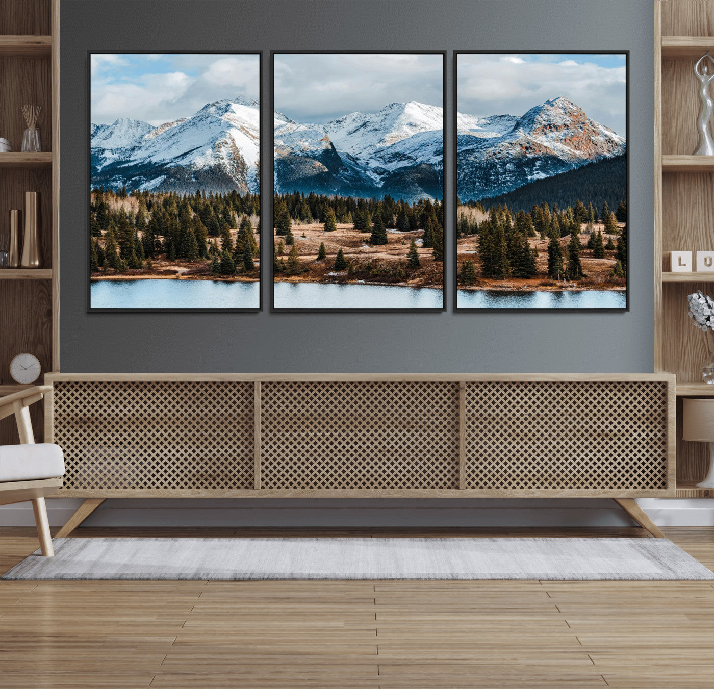 36247746-MGV-FC-60X30-3P_Black-Snowy Peaks Wall Art Canvas Print, Framed Alpine Lake Art Picture Print, Pine Forest Perfect Alpine Wilderness Decor Artwork