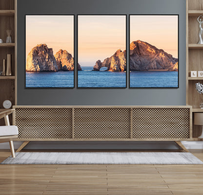 72996116-MGV-CV-36X24-El Arco Wall Art Canvas Print, Framed Cabo Rocks Art Picture Print, Ocean Arch Perfect Golden Coastal Landmark Decor Artwork