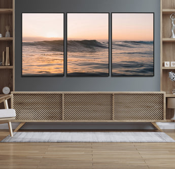 46299358-MGV-FC-60X30-3P_Black-Sunset Waves Wall Art Canvas Print, Framed Ocean Horizon Art Picture Print, Golden Water Perfect Golden Hour Coastal Decor Artwork