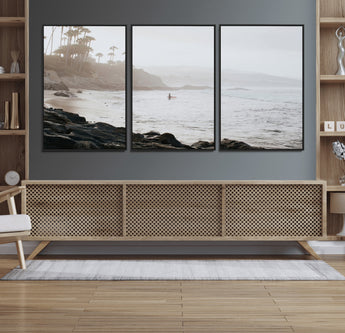 62501405-MGV-FC-60X30-3P_Black-Misty Beach Wall Art Canvas Print, Framed California Surfer Art Picture Print, Coastal Cliff Perfect Coastal Beach Decor Artwork