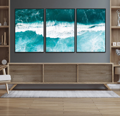 23828594-MGV-FC-60X30-3P_Black-Aerial Waves Wall Art Canvas Print, Framed Ocean Break Art Picture Print, Sea Foam Perfect Tropical Coastal Decor Artwork