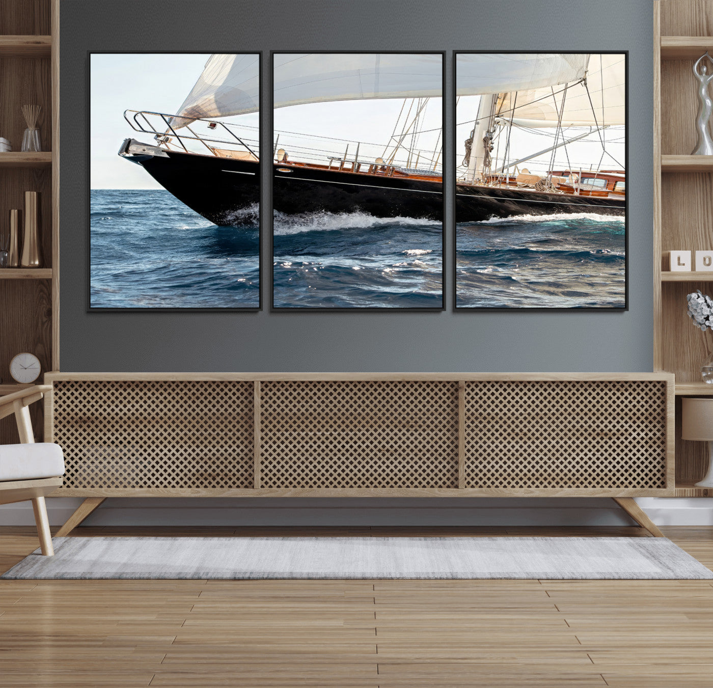 97168626-MGV-FC-60X30-3P_Black-Sailing Yacht Wall Art Canvas Print, Framed Wooden Yacht Art Picture Print, Ocean Waves Perfect Nautical Coastal Decor Artwork
