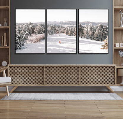 62119206-MGV-CV-36X24-Snowy Trail Wall Art Canvas Print, Framed Ski Slope Art Picture Print, Winter Pines Perfect Alpine Adventure Decor Artwork