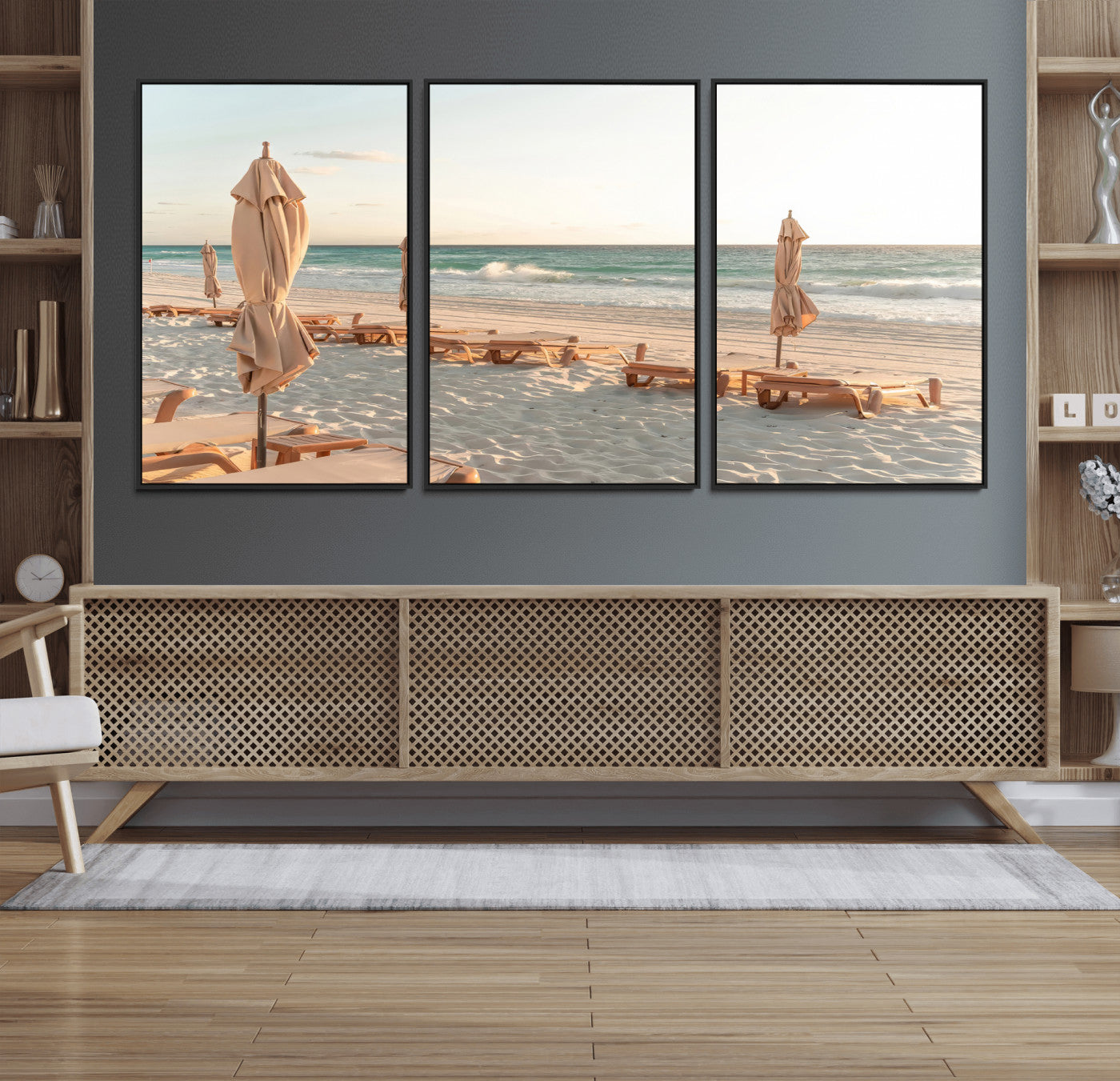 58507949-MGV-FC-60X30-3P_Black-Beach Umbrellas Wall Art Canvas Print, Framed Empty Loungers Art Picture Print, Soft Sand Perfect Minimalist Seaside Decor Artwork