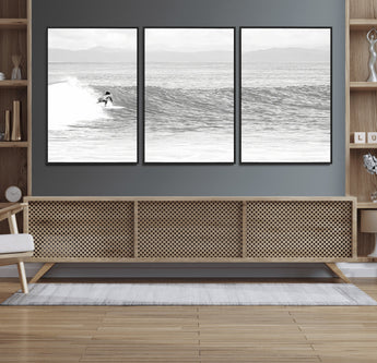 81535128-MGV-CV-36X24-Surfer Woman Wall Art Canvas Print, Framed Black Ocean Art Picture Print, Ocean Surfing Perfect Monochrome Coastal Decor Artwork