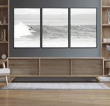 81535128-MGV-FC-60X30-3P_Black-Surfer Woman Wall Art Canvas Print, Framed Black Ocean Art Picture Print, Ocean Surfing Perfect Monochrome Coastal Decor Artwork