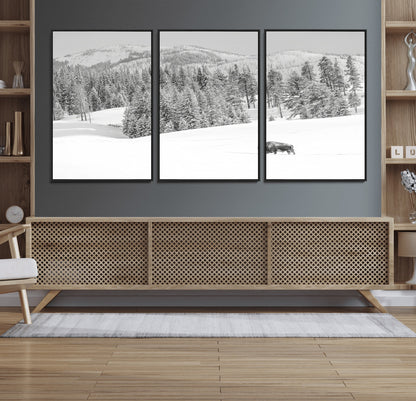 68081143-MGV-CV-36X24-Snowy Bison Wall Art Canvas Print, Framed Winter Forest Art Picture Print, Lone Bison Perfect Monochrome Winter Wild Decor Artwork