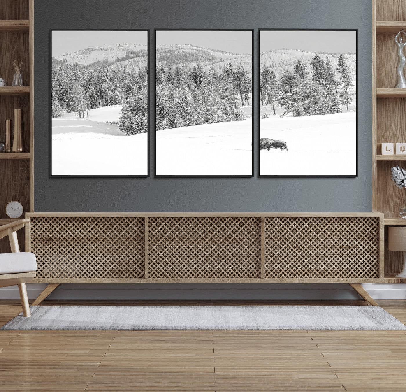 68081143-MGV-FC-60X30-3P_Black-Snowy Bison Wall Art Canvas Print, Framed Winter Forest Art Picture Print, Lone Bison Perfect Monochrome Winter Wild Decor Artwork