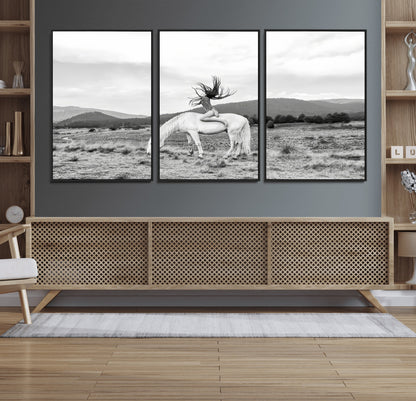 62789800-MGV-CV-36X24-White Horse Wall Art Canvas Print, Framed Woman Rider Art Picture Print, Equestrian Pose Perfect Western Boho Decor Artwork