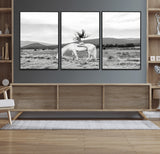 62789800-MGV-FC-60X30-3P_Black-White Horse Wall Art Canvas Print, Framed Woman Rider Art Picture Print, Equestrian Pose Perfect Western Boho Decor Artwork