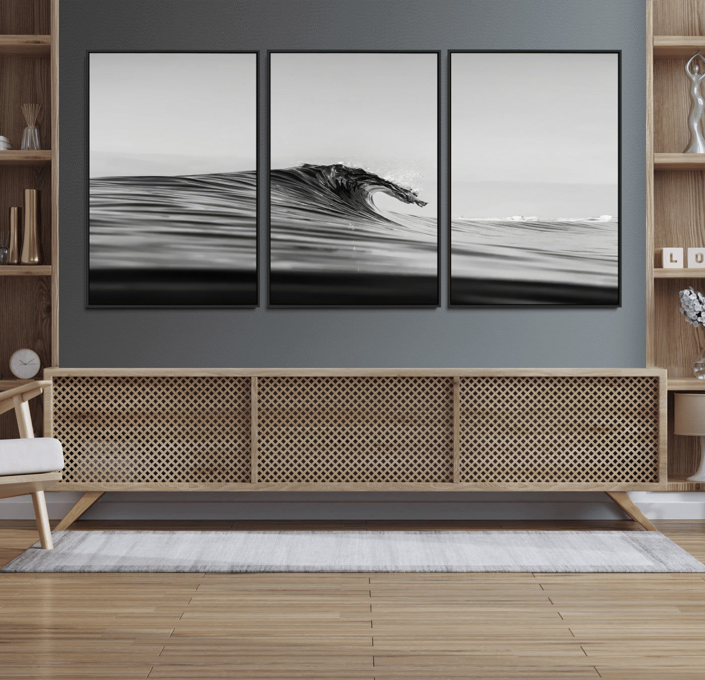 24029476-MGV-CV-36X24-Black Wave Wall Art Canvas Print, Framed Abstract Surf Art Picture Print, Minimalist Ocean Perfect Minimalist Coastal Decor