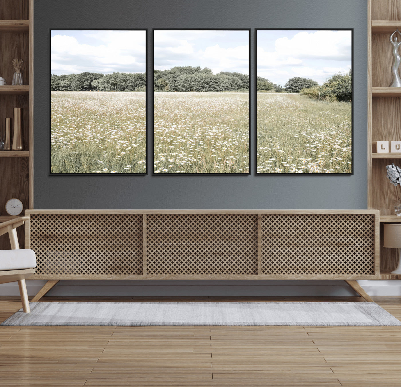 43258946-MGV-CV-36X24-Daisy Field Wall Art Canvas Print, Framed Pastel Flower Art Picture Print, Meadow Bloom Perfect Scandinavian Minimalist Decor