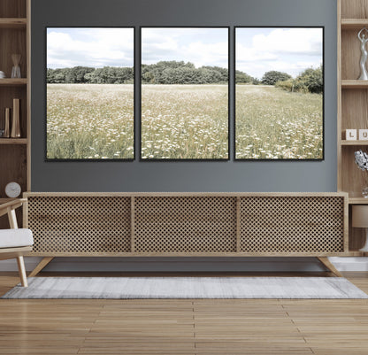 43258946-MGV-CV-36X24-Daisy Field Wall Art Canvas Print, Framed Pastel Flower Art Picture Print, Meadow Bloom Perfect Scandinavian Minimalist Decor