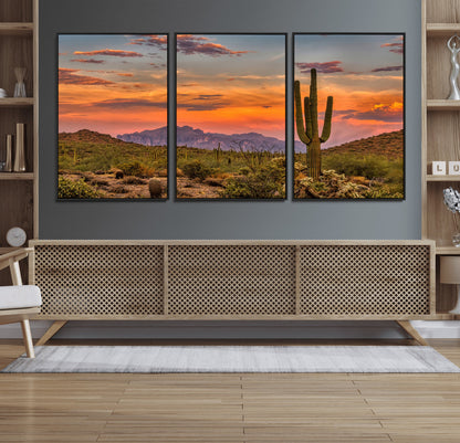 25332783-MGV-CV-36X24-Saguaro Cactus Wall Art Canvas Print, Framed Arizona Sunset Art Picture Print, Sonoran Desert Perfect Southwestern Boho Decor