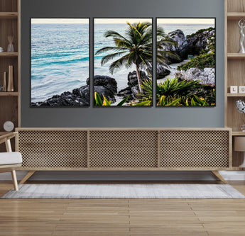 94669907-MGV-CV-36X24-Tropical Coastline Wall Art Canvas Print, Framed Palm Tree Art Picture Print, Rocky Beach Perfect Tropical Coastal Decor Artwork