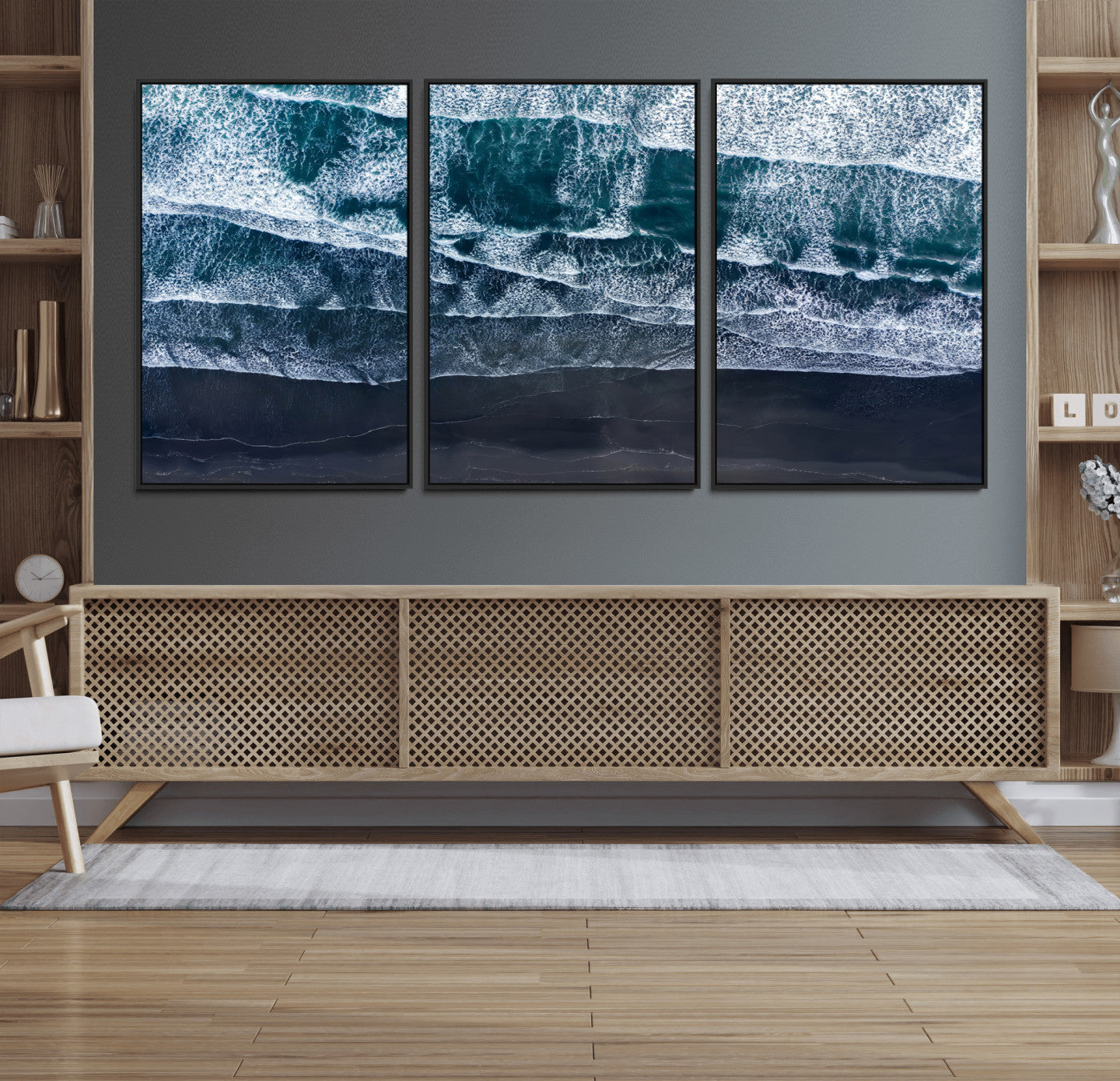 87941475-MGV-FC-60X30-3P_Black-Black Beach Wall Art Canvas Print, Framed Aerial Ocean Art Picture Print, Moody Coastal Perfect Modern Coastal Decor Artwork