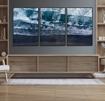 87941475-MGV-FC-60X30-3P_Black-Black Beach Wall Art Canvas Print, Framed Aerial Ocean Art Picture Print, Moody Coastal Perfect Modern Coastal Decor Artwork