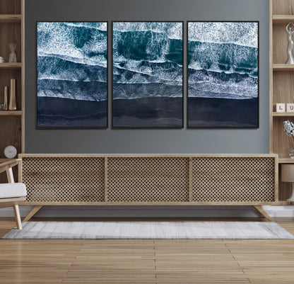 87941475-MGV-FC-60X30-3P_Black-Black Beach Wall Art Canvas Print, Framed Aerial Ocean Art Picture Print, Moody Coastal Perfect Modern Coastal Decor Artwork