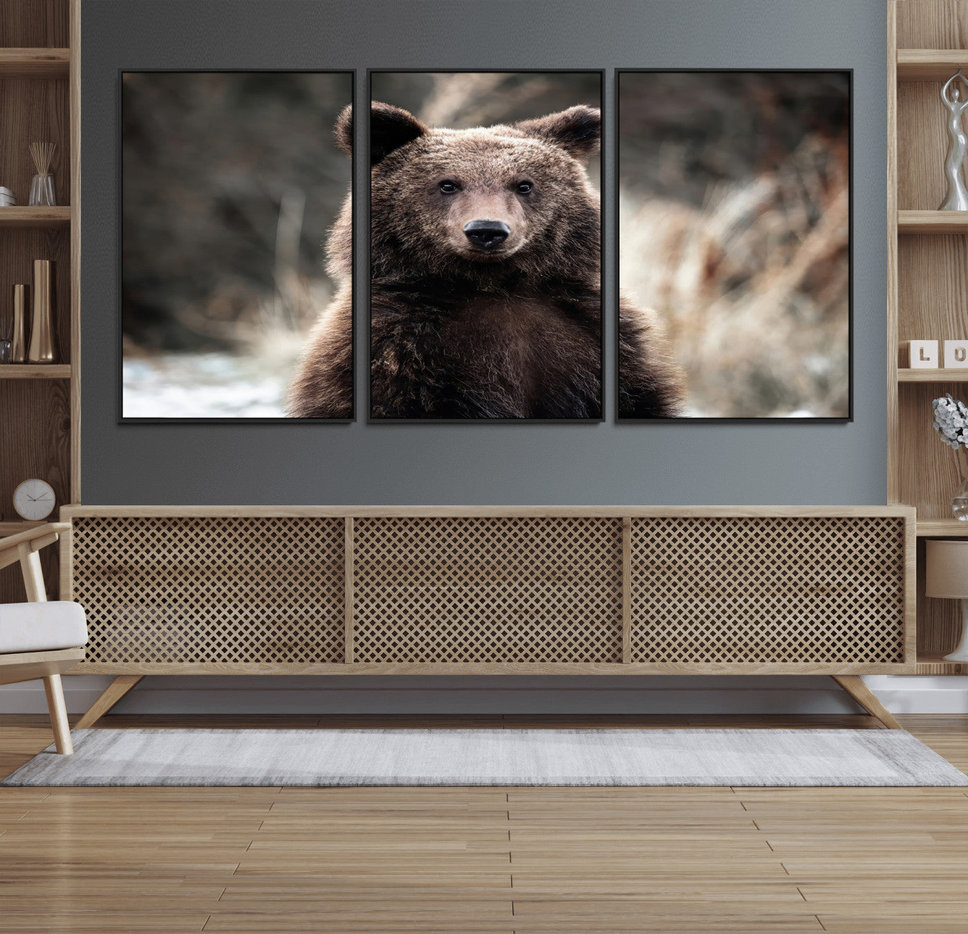 47112103-MGV-FC-60X30-3P_Black-Brown Bear Wall Art Canvas Print, Framed Forest Wildlife Art Picture Print, Woodland Bear Perfect Rustic Cabin Decor Artwork