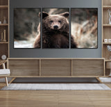 47112103-MGV-FC-60X30-3P_Black-Brown Bear Wall Art Canvas Print, Framed Forest Wildlife Art Picture Print, Woodland Bear Perfect Rustic Cabin Decor Artwork