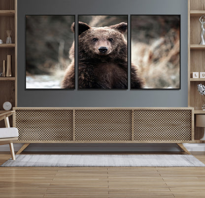 47112103-MGV-FC-60X30-3P_Black-Brown Bear Wall Art Canvas Print, Framed Forest Wildlife Art Picture Print, Woodland Bear Perfect Rustic Cabin Decor Artwork