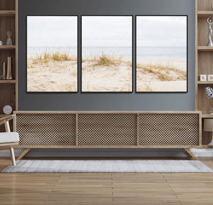 13146857-MGV-FC-60X30-3P_Black-Beach Dunes Wall Art Canvas Print, Framed Soft Horizon Art Picture Print, Coastal Grass Perfect Minimalist Coastal Decor Artwork