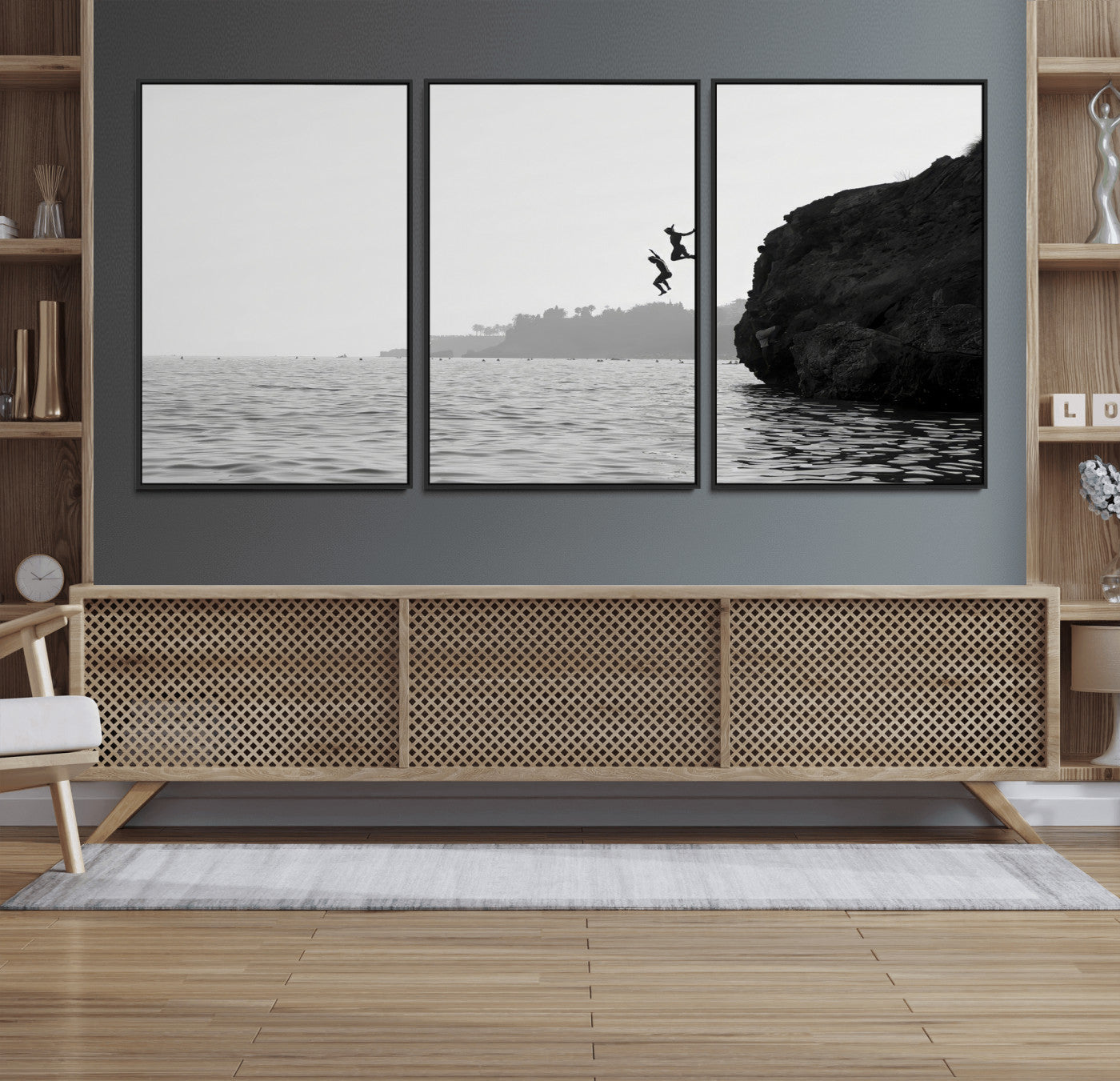 52284302-MGV-FC-60X30-3P_Black-Cliff Jumping Wall Art Canvas Print, Framed Ocean Adventure Art Picture Print, Black White Coast Perfect Modern Coastal Decor