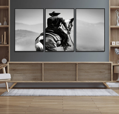 83102464-MGV-CV-36X24-Western Cowboy Wall Art Canvas Print, Framed Monochrome Horse Art Picture Print, Western Equestrian Perfect Rustic Western Decor