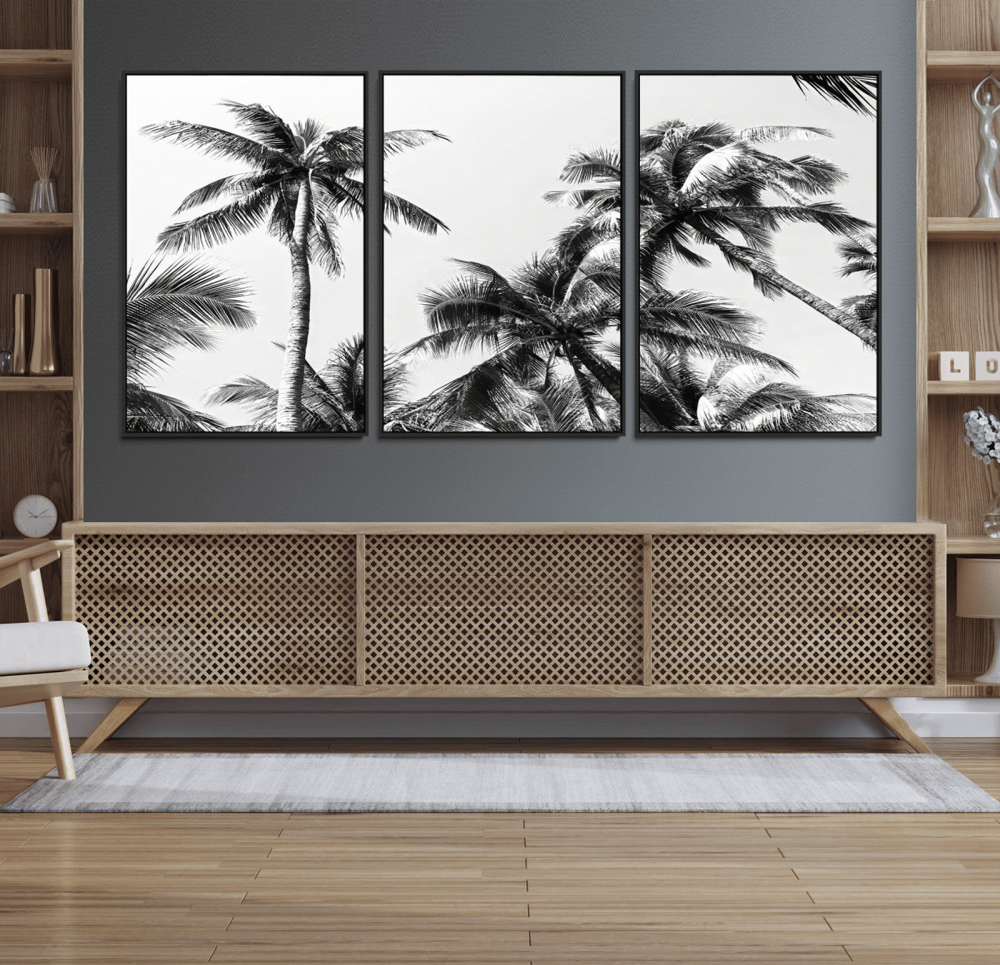 46641801-MGV-CV-36X24-Palm Tree Wall Art Canvas Print, Framed Black White Tropics Art Picture Print, Monochrome Palms Perfect Modern Tropical Minimalist