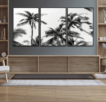 46641801-MGV-CV-36X24-Palm Tree Wall Art Canvas Print, Framed Black White Tropics Art Picture Print, Monochrome Palms Perfect Modern Tropical Minimalist