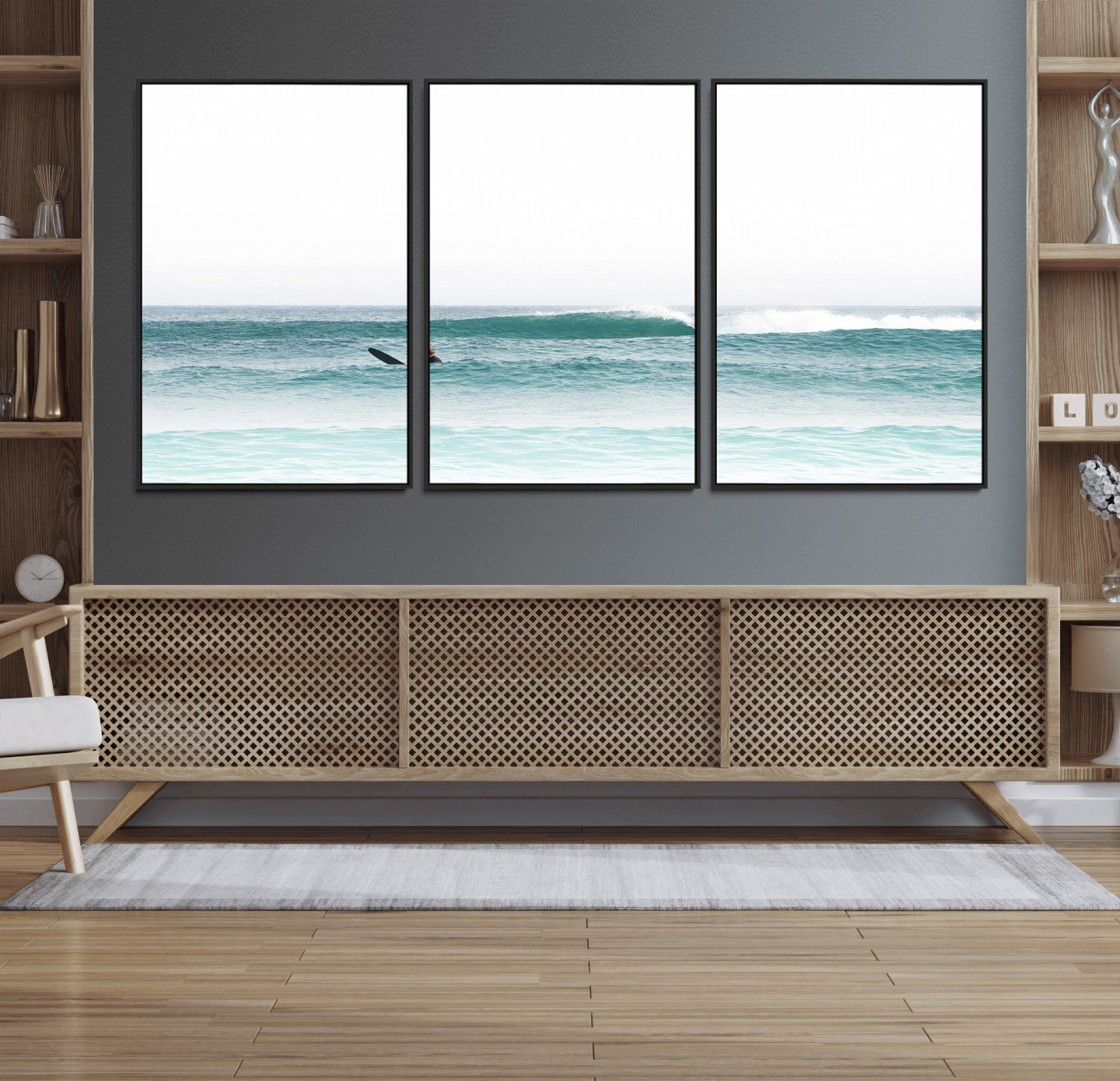 56345117-MGV-FC-60X30-3P_Black-Minimalist Surfing Wall Art Canvas Print, Framed Ocean Waves Art Picture Print, Soft Ocean Perfect Minimalist Coastal Decor