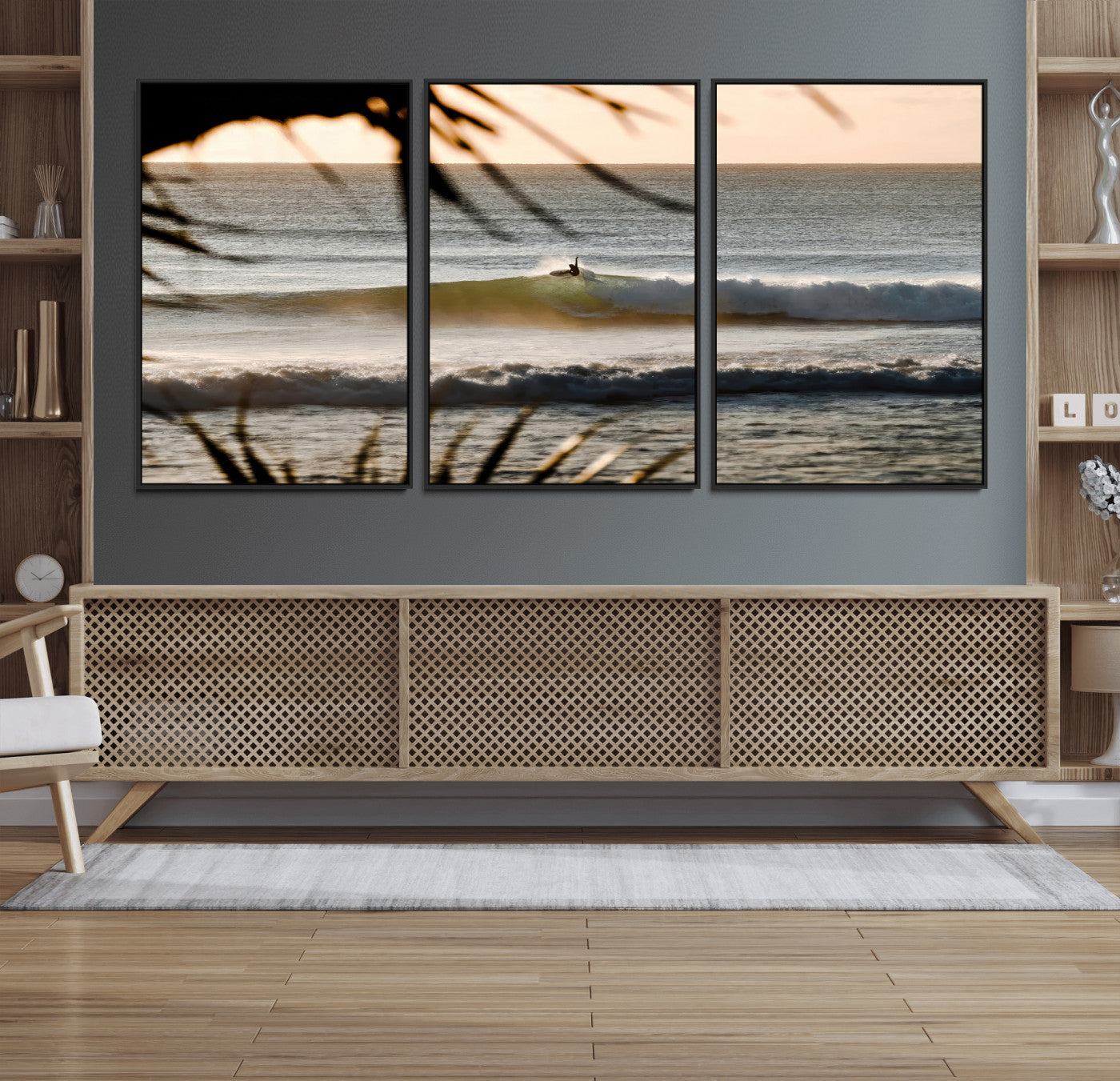 24896468-MGV-CV-36X24-Sunset Surf Wall Art Canvas Print, Framed Golden Waves Art Picture Print, Tropical Ocean Perfect Tropical Boho Decor Artwork