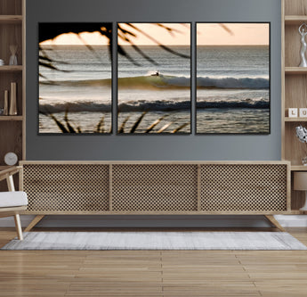 24896468-MGV-CV-36X24-Sunset Surf Wall Art Canvas Print, Framed Golden Waves Art Picture Print, Tropical Ocean Perfect Tropical Boho Decor Artwork