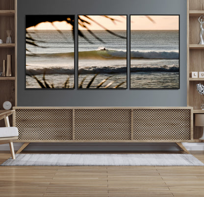 24896468-MGV-CV-36X24-Sunset Surf Wall Art Canvas Print, Framed Golden Waves Art Picture Print, Tropical Ocean Perfect Tropical Boho Decor Artwork