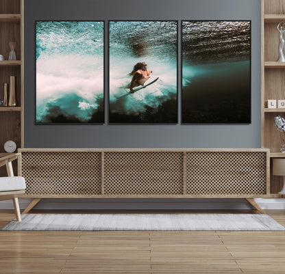 85923512-MGV-FC-60X30-3P_Black-Aquatic Motion Wall Art Canvas Print, Framed Underwater Swimming Art Picture Print, Female Surfer Diving Perfect Coastal Boho