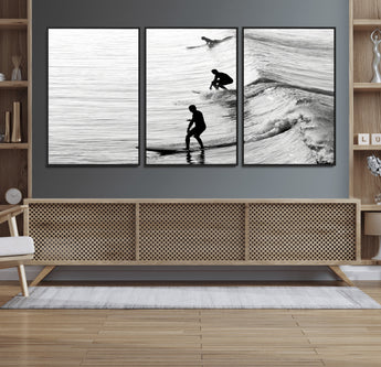 19875284-MGV-CV-36X24-Surfer Waves Wall Art Canvas Print, Framed Black White Surf Art Picture Print, Monochrome Ocean Perfect Modern Coastal Decor