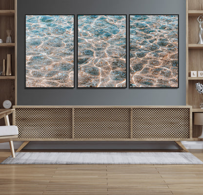26580287-MGV-FC-60X30-3P_Black-Clear Water Wall Art Canvas Print, Framed Sunlit Ripples Art Picture Print, Ocean Texture Perfect Modern Coastal Decor Artwork