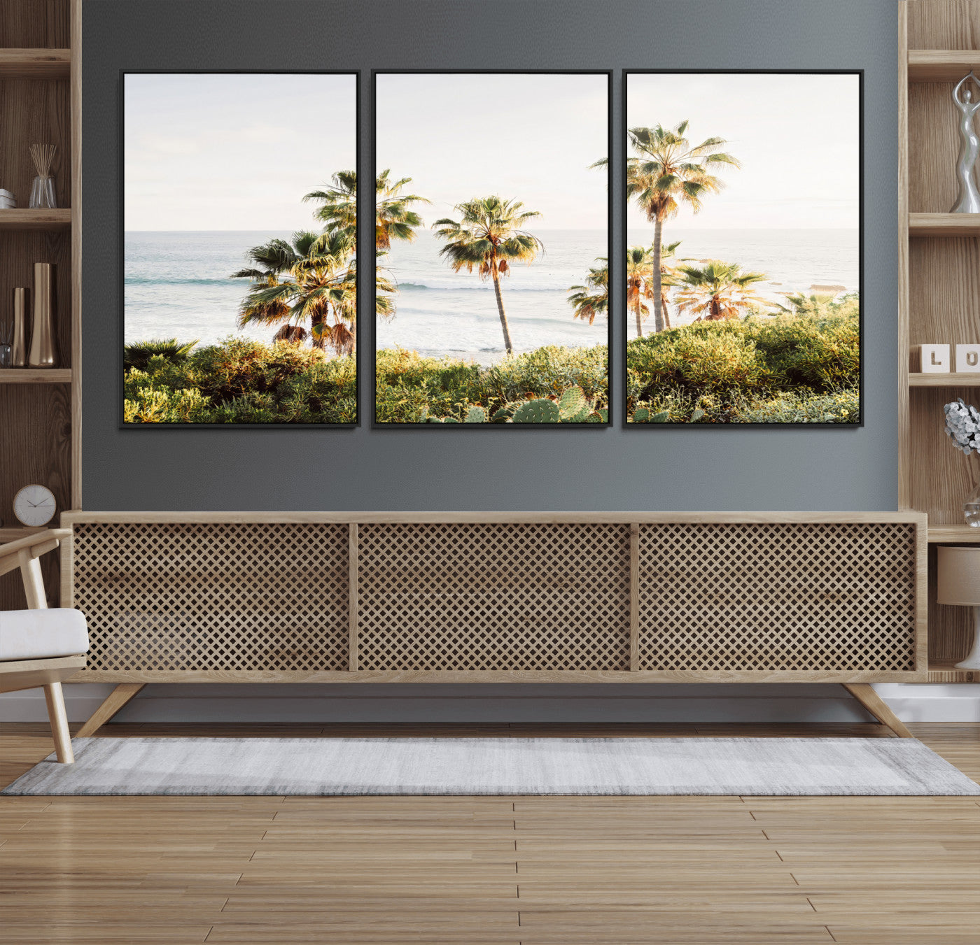 94707294-MGV-FC-60X30-3P_Black-California Coast Wall Art Canvas Print, Framed Palm Trees Art Picture Print, Coastal Landscape Perfect Coastal Minimalist Decor