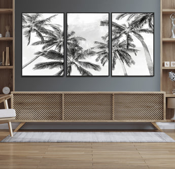 62113786-MGV-CV-36X24-Black White Palm Wall Art Canvas Print, Framed Monochrome Tropics Art Picture Print, Minimalist Beach Perfect Coastal Minimalist