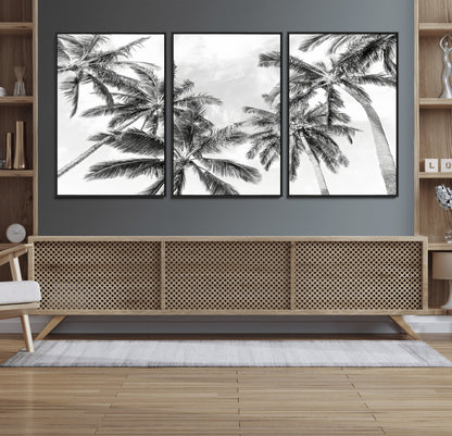 62113786-MGV-CV-36X24-Black White Palm Wall Art Canvas Print, Framed Monochrome Tropics Art Picture Print, Minimalist Beach Perfect Coastal Minimalist