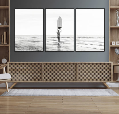 98446901-MGV-FC-60X30-3P_Black-Monochrome Surf Wall Art Canvas Print, Framed Minimalist Surfer Art Picture Print, Surfboard Silhouette Perfect Coastal Minimalist