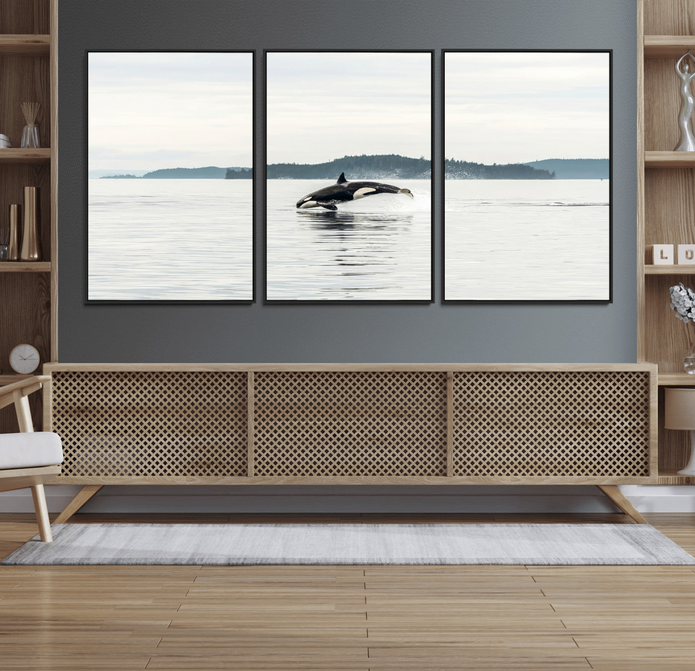 10157174-MGV-FC-60X30-3P_Black-Orca Whale Wall Art Canvas Print, Framed Black White Whale Art Picture Print, Minimalist Ocean Perfect Coastal Minimalist Decor