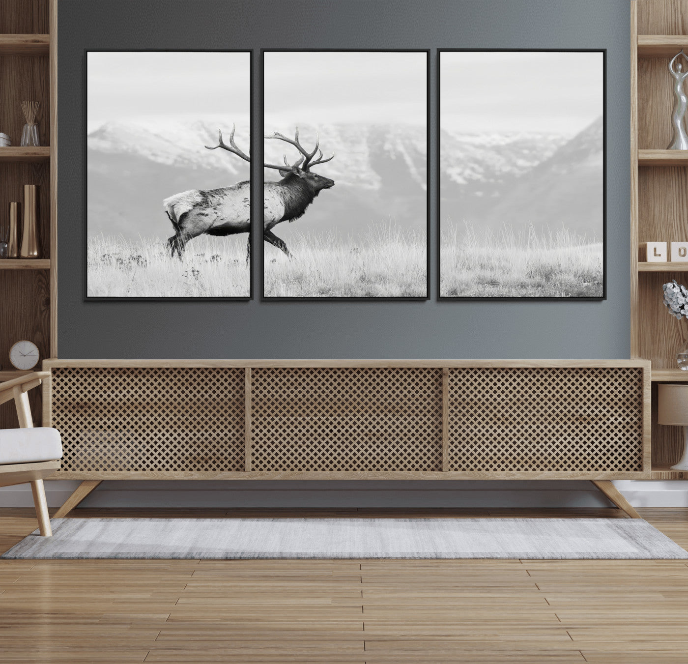 62278753-MGV-FC-60X30-3P_Black-Monochrome Elk Wall Art Canvas Print, Framed Mountain Wildlife Art Picture Print, Rustic Nature Perfect Rustic Minimalist Decor