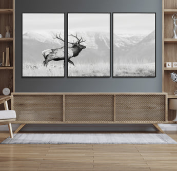 62278753-MGV-FC-60X30-3P_Black-Monochrome Elk Wall Art Canvas Print, Framed Mountain Wildlife Art Picture Print, Rustic Nature Perfect Rustic Minimalist Decor