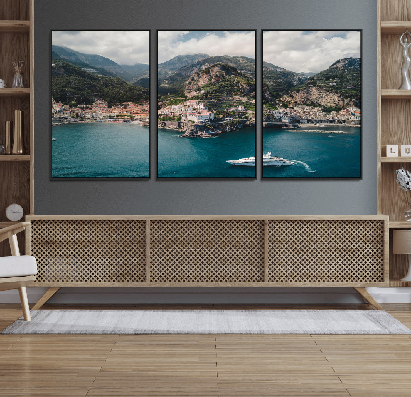 20321590-MGV-FC-60X30-3P_Black-Amalfi Coast Wall Art Canvas Print, Framed Italy Travel Art Picture Print, Mediterranean Landscape Perfect Mediterranean Coastal