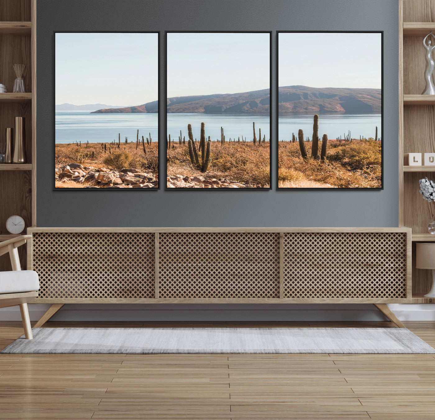 45193515-MGV-FC-60X30-3P_Black-Desert Cactus Wall Art Canvas Print, Framed Baja Coastline Art Picture Print, Coastal Desert Perfect Southwestern Minimalist Decor